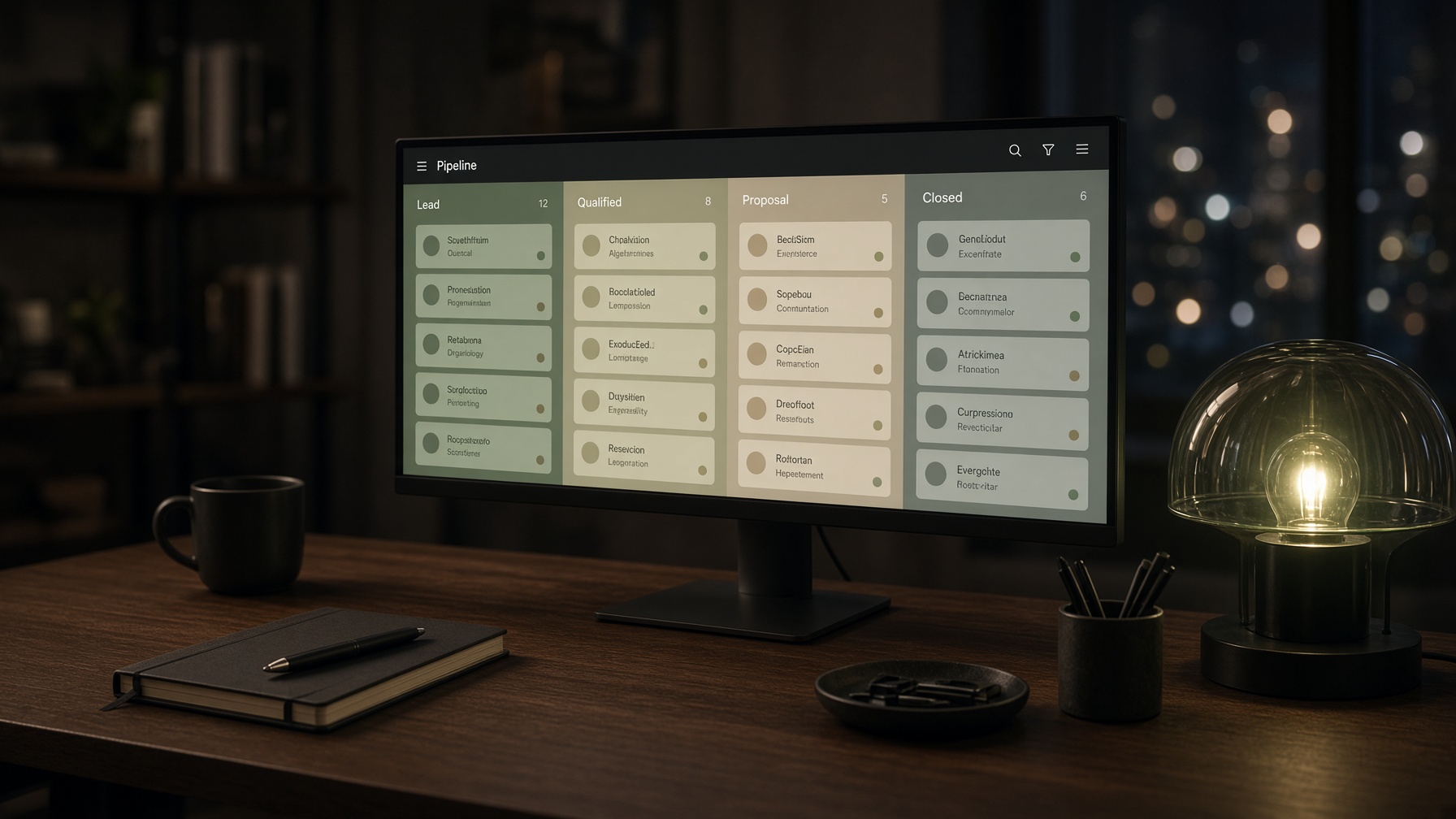 Desk with a pipeline board on a dark monitor